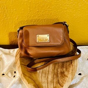 Cognac Leather Crossbody Bag with Gold Accents